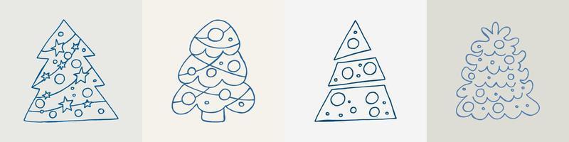 A set of hand-drawn christmas trees. Vector illustration in doodle style. Winter mood. Hello 2023. Merry Christmas and Happy New Year. Blue elements on a gray background.