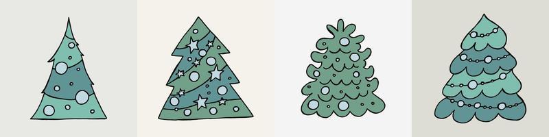 A hand-drawn christmas tree. Vector illustration in doodle style. Winter mood. Hello 2023. Merry Christmas and Happy New Year. Green trees with a blue toys on a gray background.