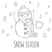 Cute snowman with stars and notes on a white background. Vector illustration in doodle style. Winter mood. Hello 2023. Merry Christmas and Happy New Year.