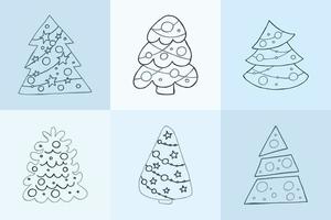 A set of hand-drawn christmas trees. Vector illustration in doodle style. Winter mood. Hello 2023. Merry Christmas and Happy New Year. Gray elements on a blue background.