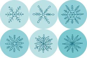 A set of hand-drawn snowflakes. Vector illustration in doodle style. Winter mood. Hello 2023. Merry Christmas and Happy New Year. Blue elements on a light blue background.