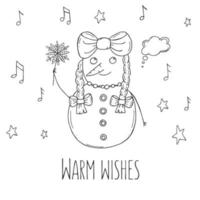 Cute snowman with stars and notes on a white background. Vector illustration in doodle style. Winter mood. Hello 2023. Merry Christmas and Happy New Year.