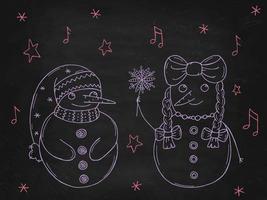 Set of cute snowmen on a black chalk board. Vector illustration in doodle style. Winter mood. Hello 2023. Merry Christmas and Happy New Year.
