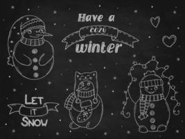 Set of cute snowmen on a black chalk board. Vector illustration in doodle style. Winter mood. Hello 2023. Merry Christmas and Happy New Year.