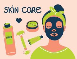 Flat illustration with skin care items A set of isolated products for woman selfcare vector