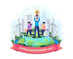 World Environment Day concept with People is protecting nature by using eco-energy. Save the planet, save energy. Earth Day concept. Flat style vector illustration