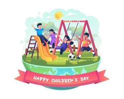 feliz día del niño con niños se está divirtiendo en el patio de recreo. los niños juegan en toboganes y columpios. ilustración vectorial de estilo plano vector