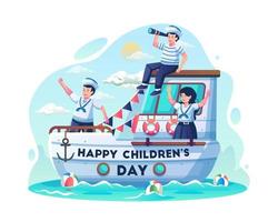 niños disfrazados de marineros navegando en el mar usando un velero. feliz celebración del día del niño. ilustración vectorial de estilo plano vector