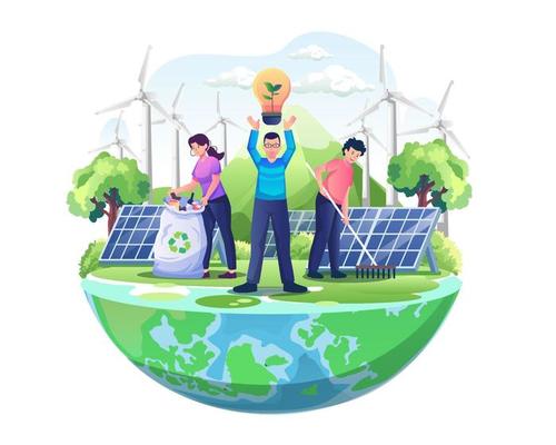 World Environment Day with People are taking care of the earth by gardening and cleaning. save the planet save energy flat vector illustration