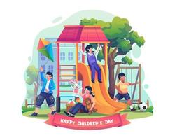 Children are having fun in the playground. kids are playing on slides and swings, playing with dolls, football, and kites. Flat style vector illustration