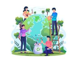 Hand Draw World Environment Day concept with People taking care of the earth. Save the planet, save energy. Earth Day concept. Flat style vector illustration