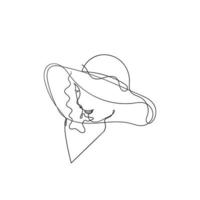 continuous line drawing beautiful woman silhouette wearing summer hat illustration vector