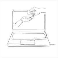 dibujo de línea continua dando y recibiendo monedas a mano en el símbolo de la computadora portátil para caridad digital o ilustración de pago vector