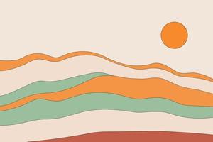 Colored lines of mountains. Small orange circle design background. Landscape composition in trendy art vector