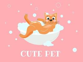 Red cat lies in bath with foam cartoon vector