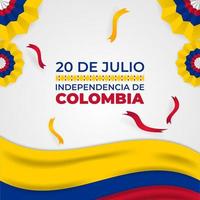 Decorative 20 de julio Colombia background with wavy flag, ribbons, and traditional pattern vector