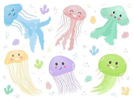 Cute bright sea set of jellyfish of different species vector