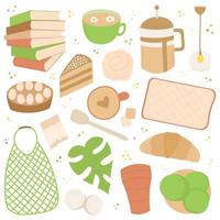 Set of elements of eco cafe with eco products vector