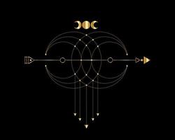 Sacred Geometry, mystical arrow and crescent moon, gold dotted lines in boho style, wiccan icon, alchemy esoteric mystical magic celestial talisman. Spiritual occultism vector isolated on black