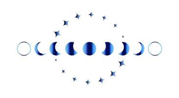 marco de borde azul de fases lunares, signo de banner wicca. símbolo de la diosa wiccan pagana de triple luna, geometría sagrada, rueda del año y estrellas doradas, vector aislado en fondo blanco