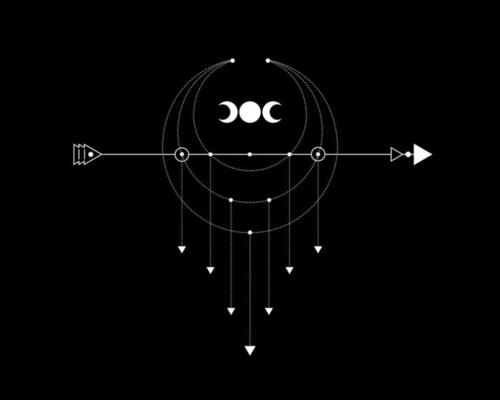 Sacred Geometry, mystical arrow and crescent moon, dotted lines in boho style, wiccan icon, alchemy esoteric mystical magic celestial talisman. Spiritual occultism vector isolated on black background