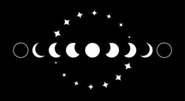 marco de borde blanco de fases lunares, signo de banner wicca. símbolo de la diosa wiccan pagana de triple luna, geometría sagrada, rueda del año y estrellas, vector aislado en fondo negro