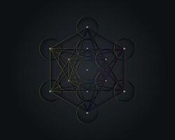 Metatrons Cube, Flower of Life. Sacred geometry. Mystic icon platonic solids Merkabah, abstract geometric colorful gradient design, crop circles sign. Graphic logo element Vector isolated  on black