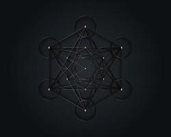 Metatrons Cube, Flower of Life. Gold Sacred geometry. Mystic icon platonic solids Merkabah, abstract geometric metallic design, crop circles sign. Graphic logo element Vector isolated  on black