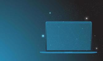 Computer laptop in low poly wireframe in starry sky and cosmic style technology concept and device. Abstract vector computer theme in blue polygon theme.