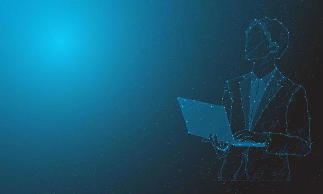 Abstract man portrait by high tech businessman on polygon from dotted lines and dark background blue line shapes