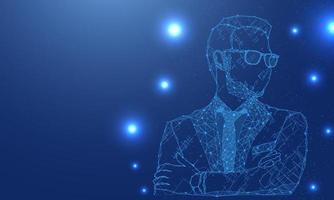 Abstract man portrait by high tech businessman on polygon from dotted lines and dark background blue line shapes. vector