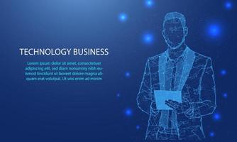 Abstract man portrait by high tech businessman on polygon from dotted lines and dark background blue line shapes. vector