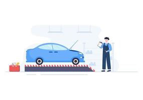 Car Inspection of The Station Detects Faults, Draws up a Checklist of All Breakdowns, Repair and Analysis Transport in Flat Cartoon Illustration vector