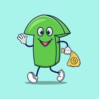 Bull arrow character with cute character holding bitcoin vector