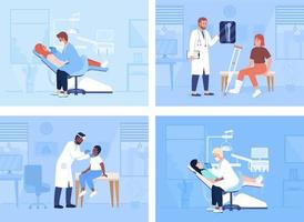 Healthcare service and patient examination flat color vector illustrations set