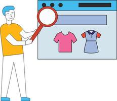The boy is looking for something with a magnifier on the web page. vector