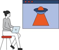 The girl is working on a spaceship on a web page. vector