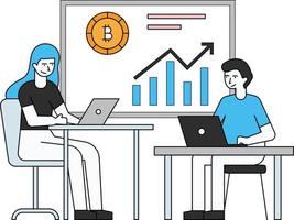 niño y niña están trabajando en el desarrollo de gráficos de bitcoin. vector