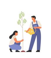 Young woman and man are planting and watering a tree. People care about the environment. Plant sprout growing and cultivation. Volunteering concept. vector