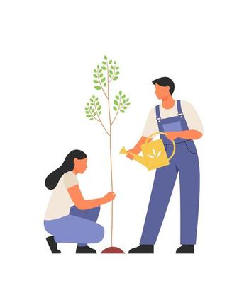 Young woman and man are planting and watering a tree. People care about the environment. Plant sprout growing and cultivation. Volunteering concept.