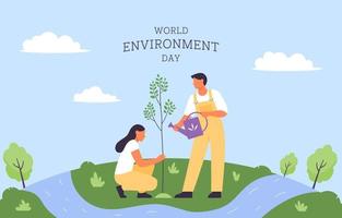 día Mundial del Medio Ambiente. mujer joven y hombre están plantando un árbol. la gente se preocupa por la ecología del planeta. medio ambiente, ecología, concepto de protección de la naturaleza. ilustración vectorial plana. vector