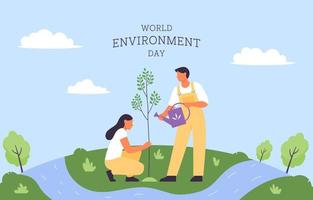 World environment day. Young woman and man are planting a tree. People care about ecology of the planet. Environment, ecology, nature protection concept. Flat vector illustration.