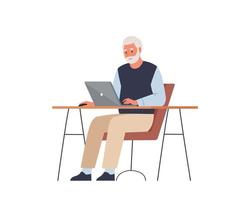 Happy elderly man is working on a laptop. Freelance, online training, email checking, webinar. Elderly man at table in the office. Flat vector illustration.