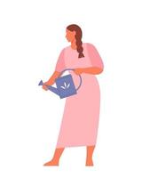 Woman with watering can. Gardeners or farmer watering a plant. Gardening. Vector flat illustration