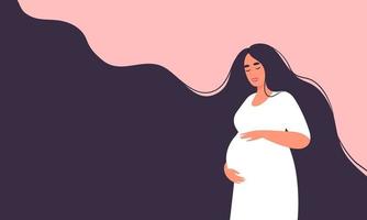 Happy pregnant woman with tummy. Future mom of hugging belly with arms. Concept of pregnancy, motherhood, medical and healthcare. Flat vector illustration.