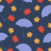 Vector seamless pattern with leaves maple and umbrella. Flat vector illustration.