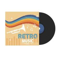 Classic paper art template with vinyl record for decorative design. Abstract rainbow background. Musical symphonic instrument trumpet. Vintage. Vector isolated image on a white background.