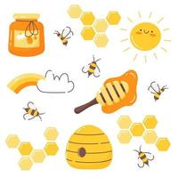 Honey set. Bees, honeycomb, beehive, sun, honey. Vector image on a white background.