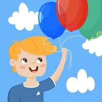 A preschool boy holds three colorful balloons in his hands. Festive mood, birthday. Blue sky with clouds. Vector isolated image.