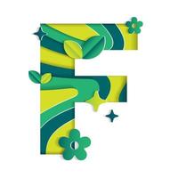 F Alphabet Character Environmental Eco Environment Day Leaf Font Letter Cartoon Style Abstract Paper Sparkle Shine Green Mountain Geography Contour Map 3D Paper Layer Cutout Card Vector Illustration